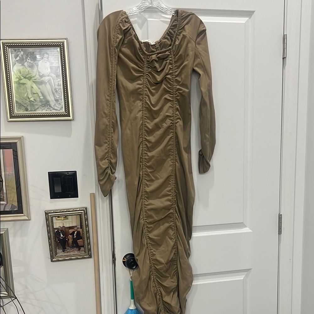 Elegant Tan Ruched Dress